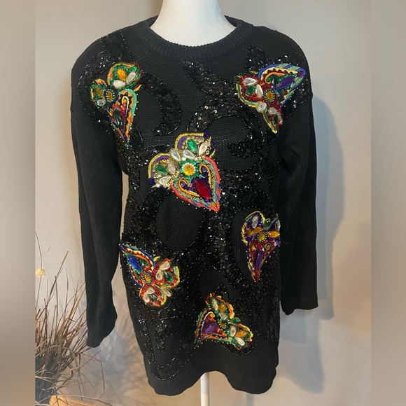 Western Connection Sweaters - Vintage Western Connection Sequin Beaded Heart Sweater Black Ramie Cotton Size S